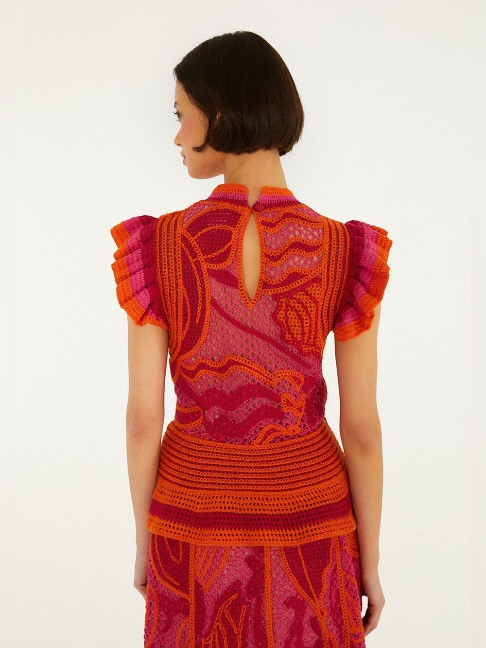 Farm Rio Pink And Orange Seashell Ruffled Crochet Top - Picture 3 of 7